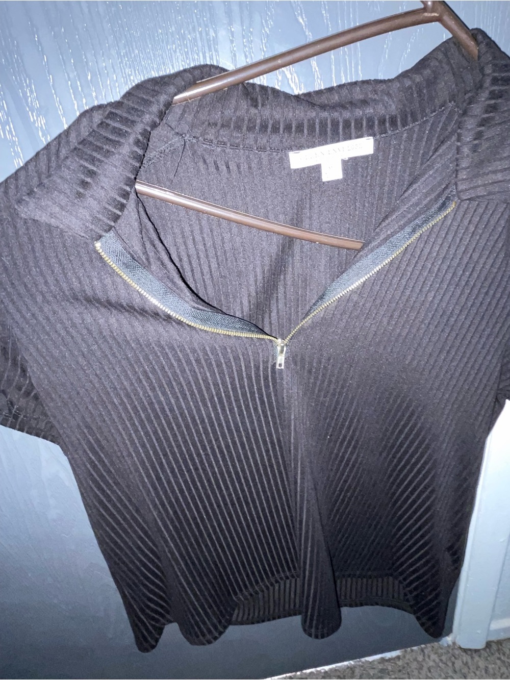 Green Envelope Black Ribbed Half-Zip Top